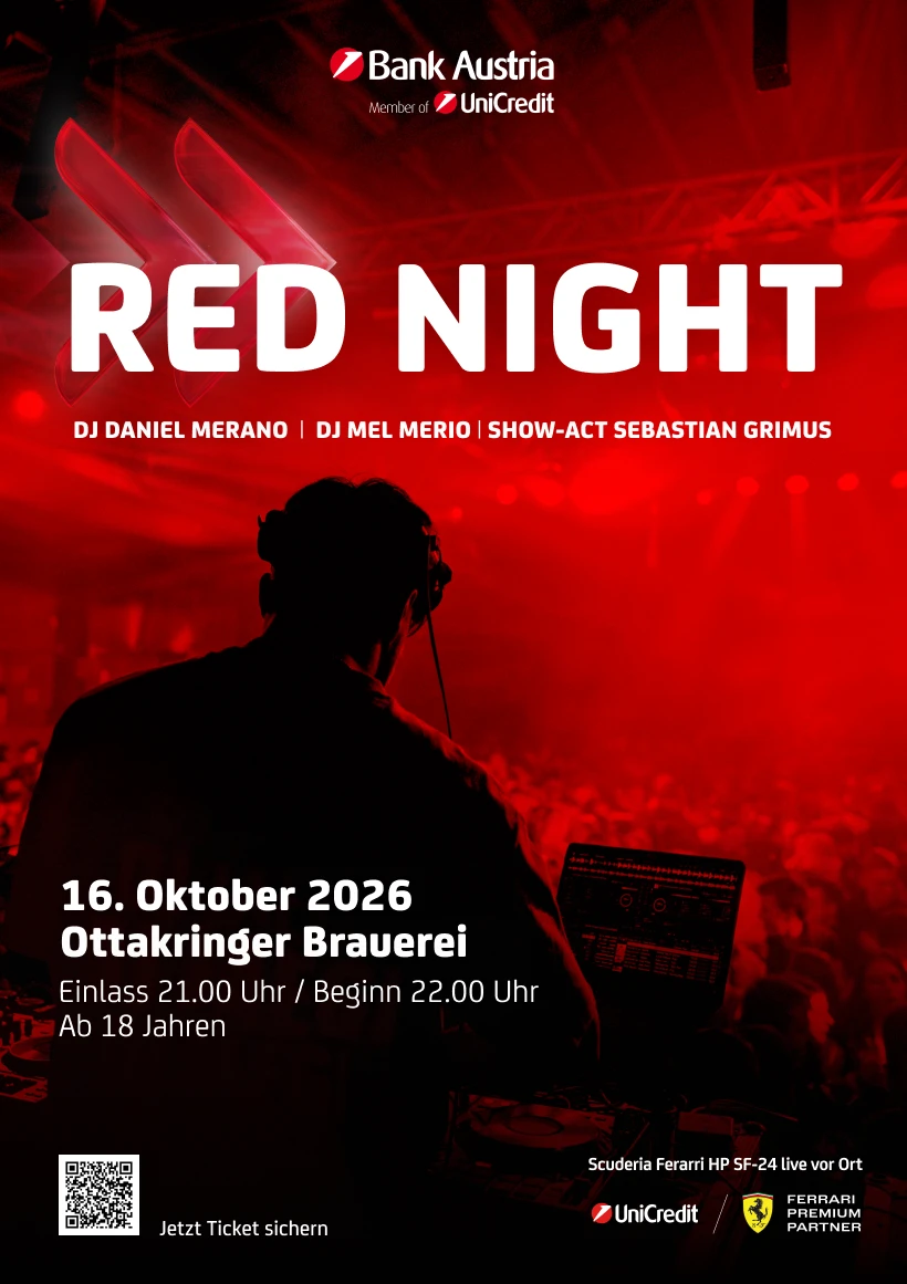Plakat für die 'RED NIGHT' Veranstaltung in der Ottakringer Brauerei am 16. Oktober 2026, präsentiert von Bank Austria Unicredit.